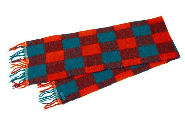 45rpm 割引 45R バイカラーチェックフリンジマフラー 朱色ターコイズ