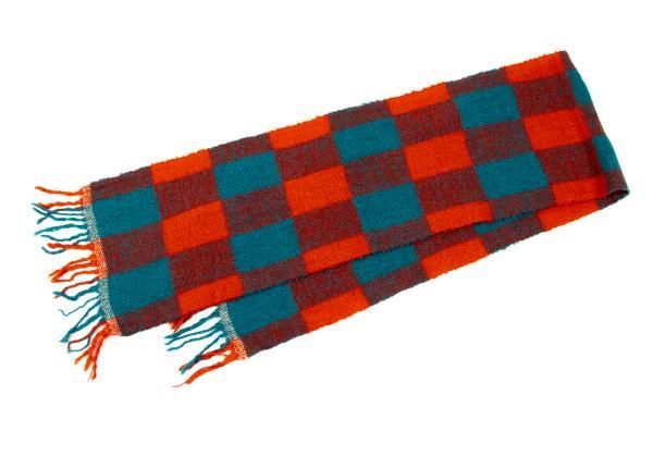 45rpm 割引 45R バイカラーチェックフリンジマフラー 朱色ターコイズ