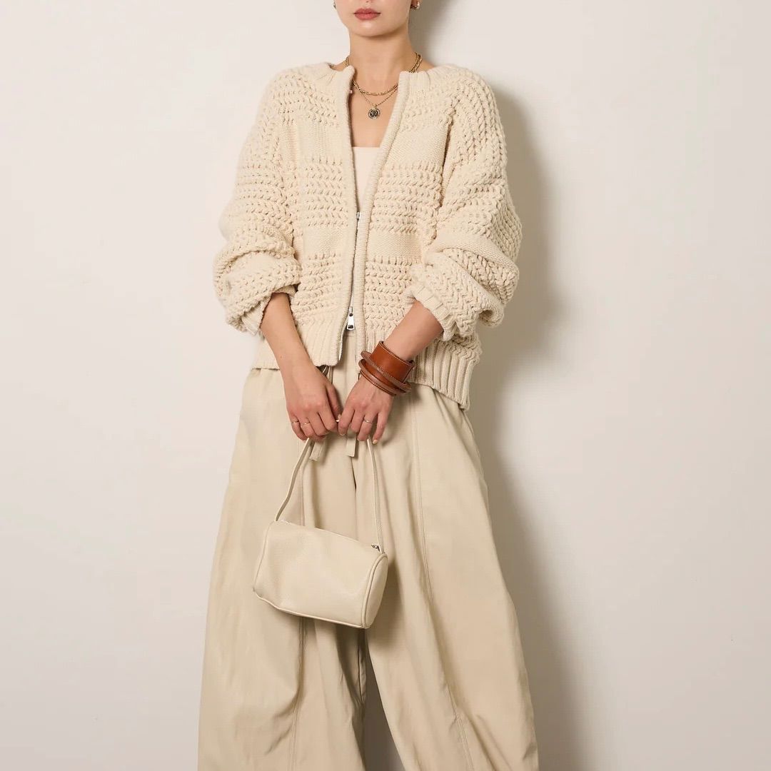 ライン編みダブルジップニットカーディガン ホワイト 新品 ESICA