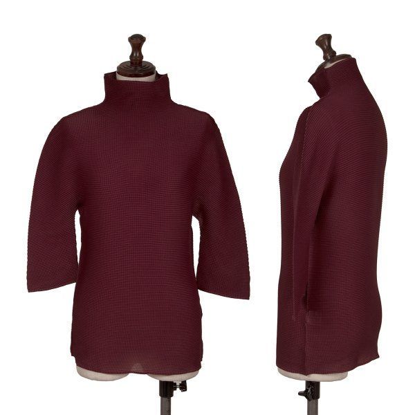 イッセイミヤケ ミーISSEY MIYAKE me ストレッチプリーツハイネック五分袖カットソー ボルドーF