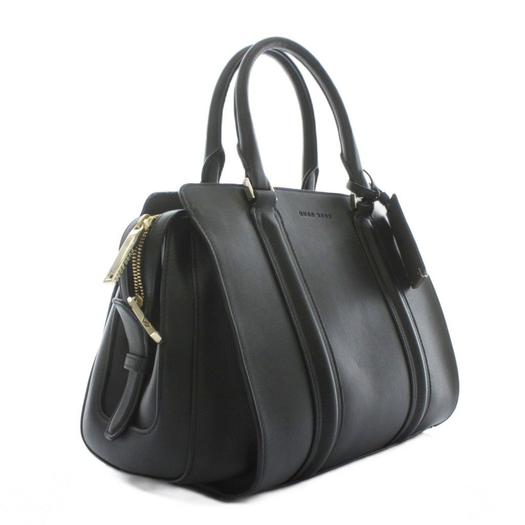 ヒューゴボス HUGO BOSS ハンドバッグ 小牛皮 レザー ロゴ 型押し 黒
