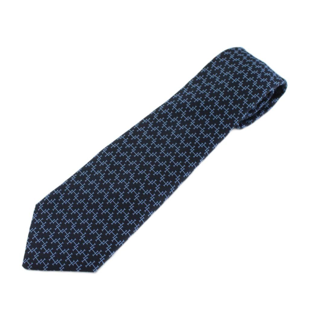 エルメス HERMES ネクタイ 絹 シルク レギュラータイ Hロゴ 総柄 紺 ネイビー 青 ブルー XZ OH GY 17