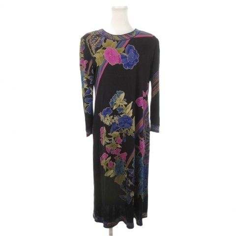 レオナール LEONARD ワンピース ひざ丈 ミモレ ロング 長袖 和柄 花柄 総柄 ウール シルク混 絹 ストレッチ M 黒 ブラック |AH 26 GY 18