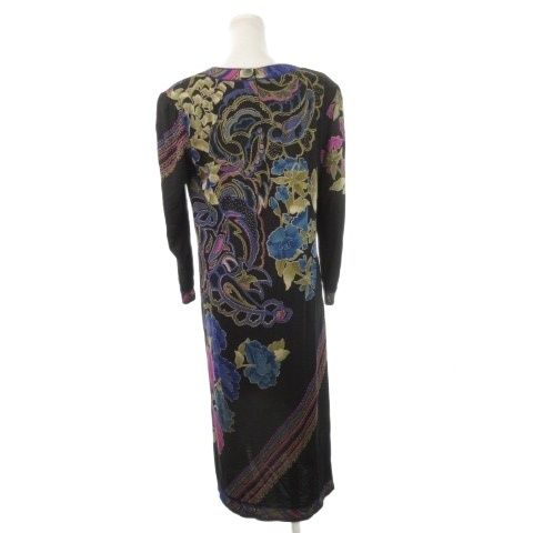 レオナール LEONARD ワンピース ひざ丈 ミモレ ロング 長袖 和柄 花柄 総柄 ウール シルク混 絹 ストレッチ M 黒 ブラック AH 26 GY 18