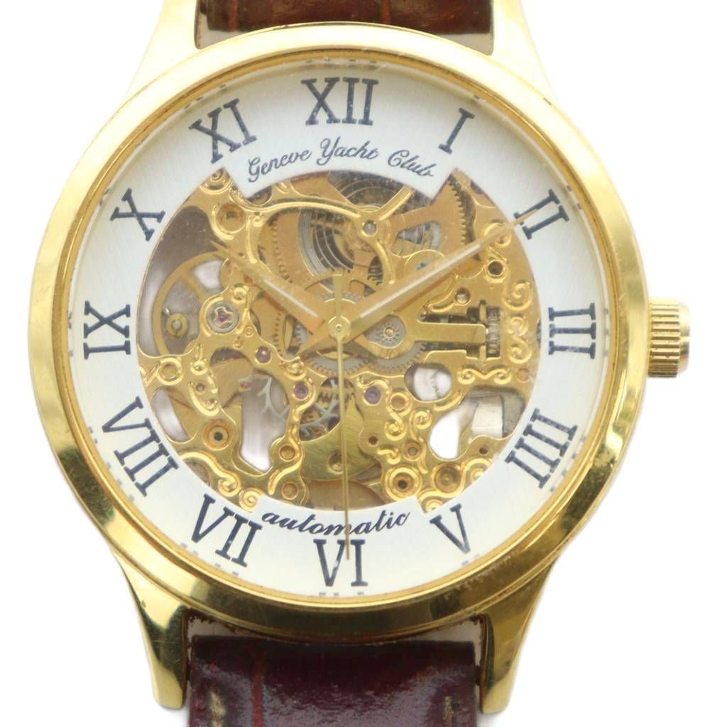 Geneve Yacht club ジュネーブ ヨットクラブ GY 34-325 腕時計 ウォッチ 自動巻き レザーベルト ローマン ゴールド色 18 |MQ