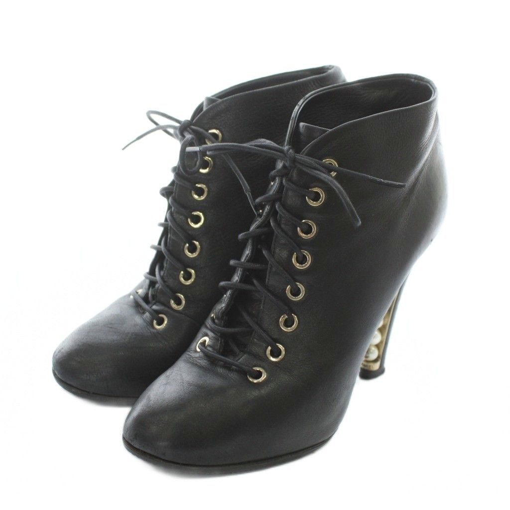 シャネル CHANEL ショートブーツ レザー ラウンドトゥ ハイヒール