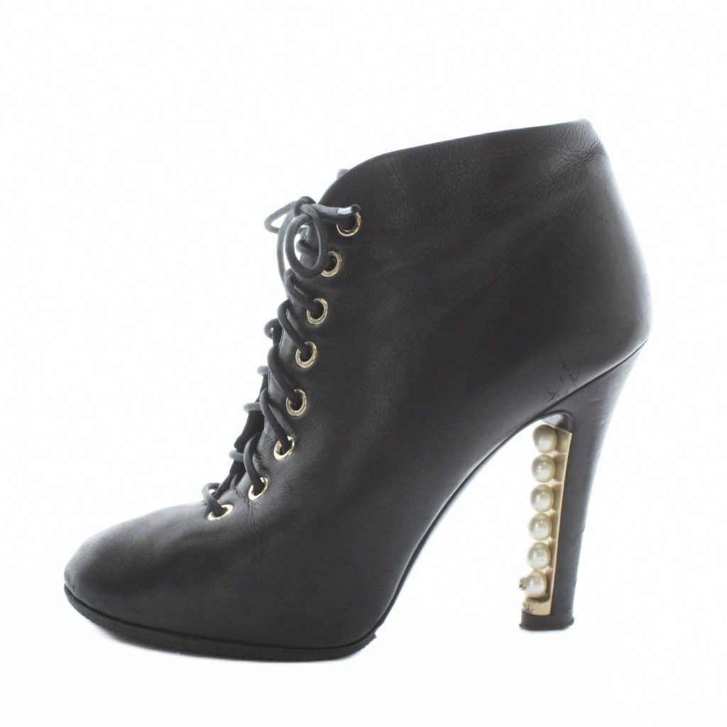 シャネル CHANEL ショートブーツ レザー ラウンドトゥ ハイヒール