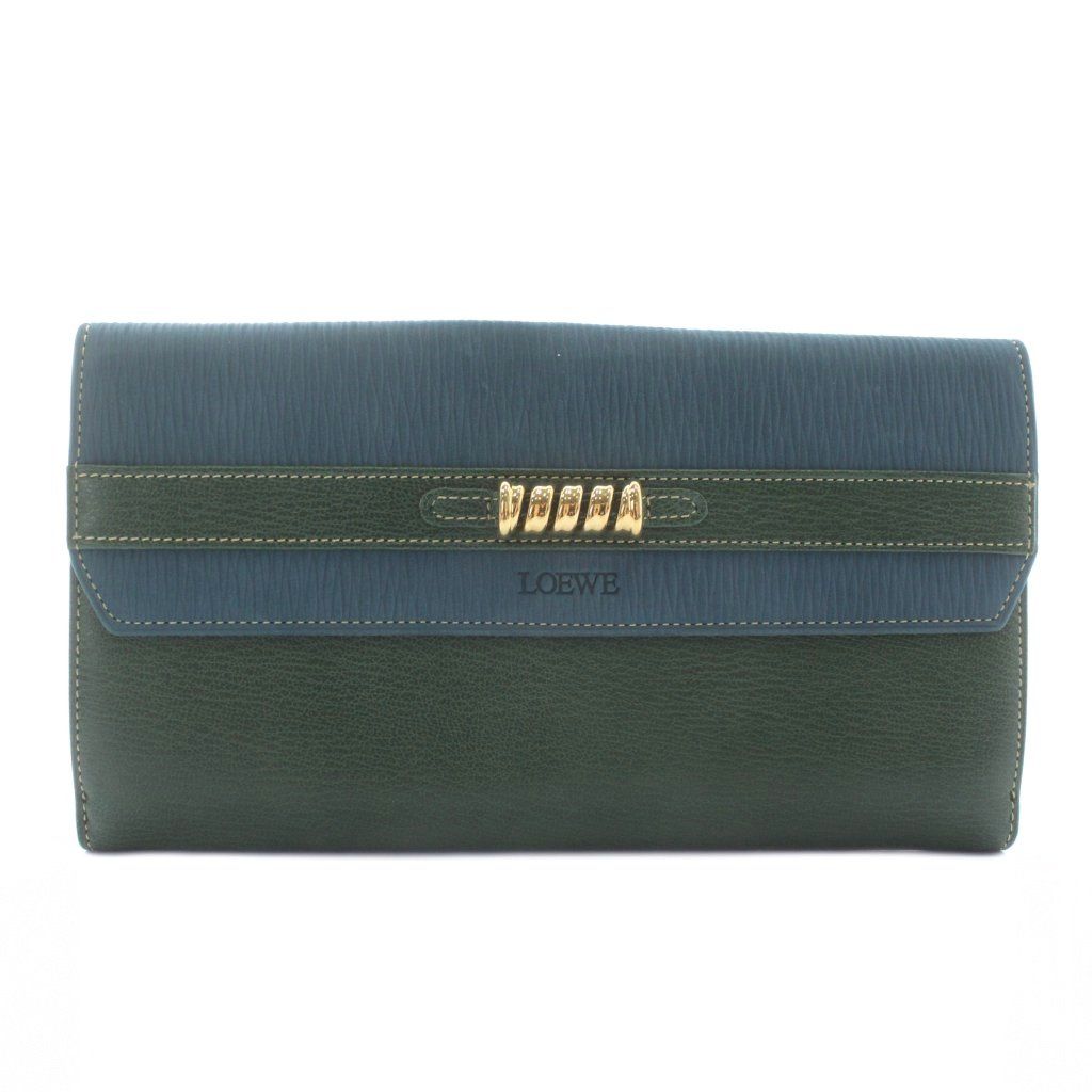 (美品)LOEWE ロエベ ベラスケス 二つ折り財布 グリーン/ネイビー ロエベ LOEWE ベラスケス 長財布 二つ折り レザー Wホック ロゴ
