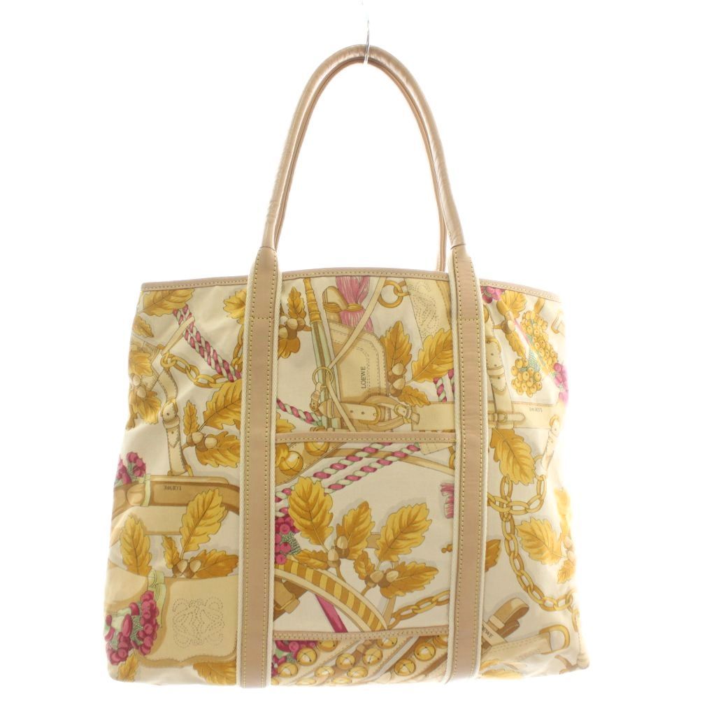 ロエベ LOEWE トートバッグ ハンド キャンバス レザー ボタニカル柄 ロゴ 総柄 ベージュ XZ OH GY 18