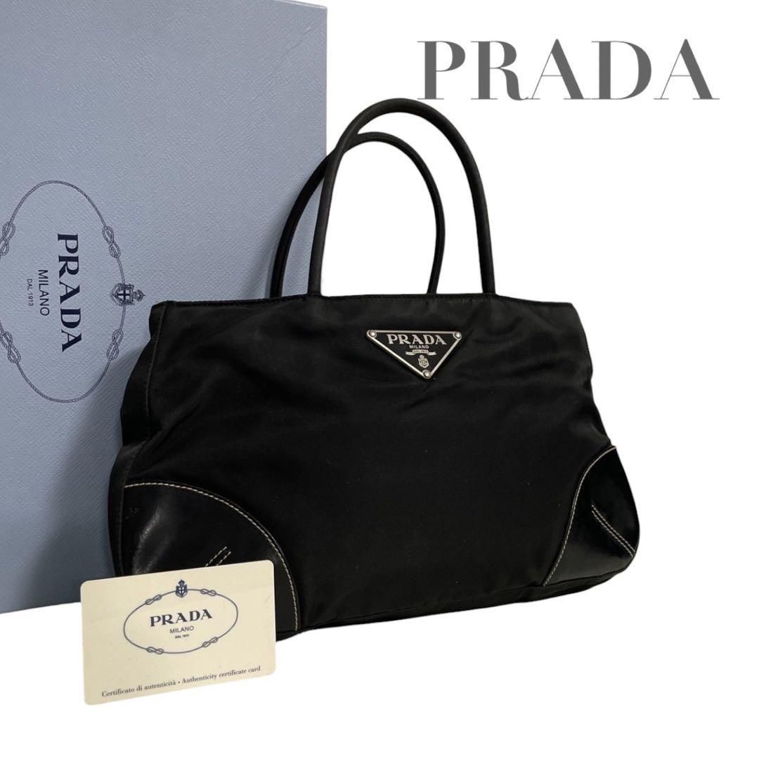 ✨️美品✨️プラダ　ハンドバッグ　三角ロゴ　ナイロン　ブラック　白タグ PRADA プラダ ハンドバッグ 三角ロゴ ナイロン レザー ブラック 白タグ