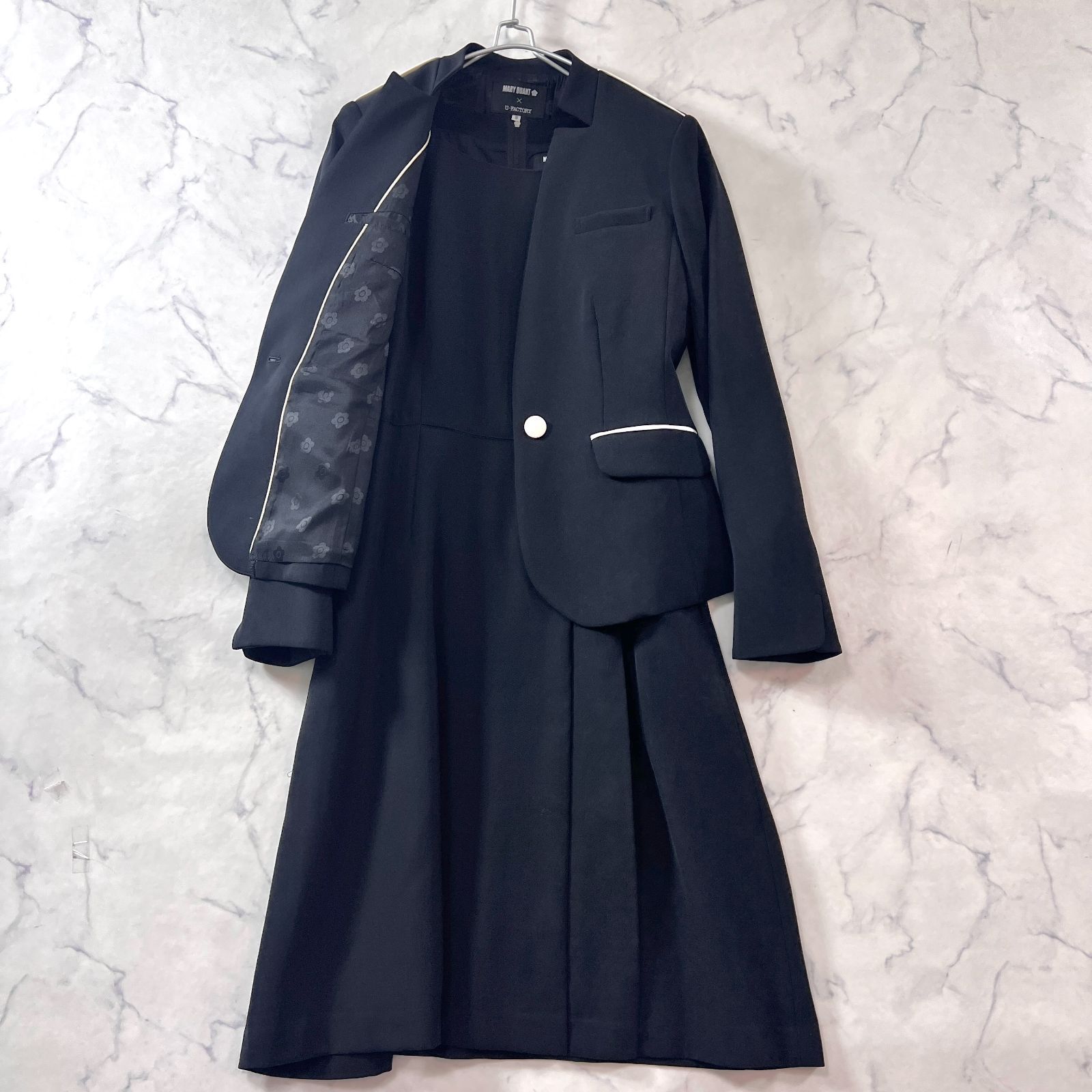 級 マリークワント U-FACTORY セットアップスーツ ジャケット ワンピース ロング 裏地花柄 事務服 販売員 制服 ユーファクトリー 黒 ブラック MARY QUANT レディース B 1788