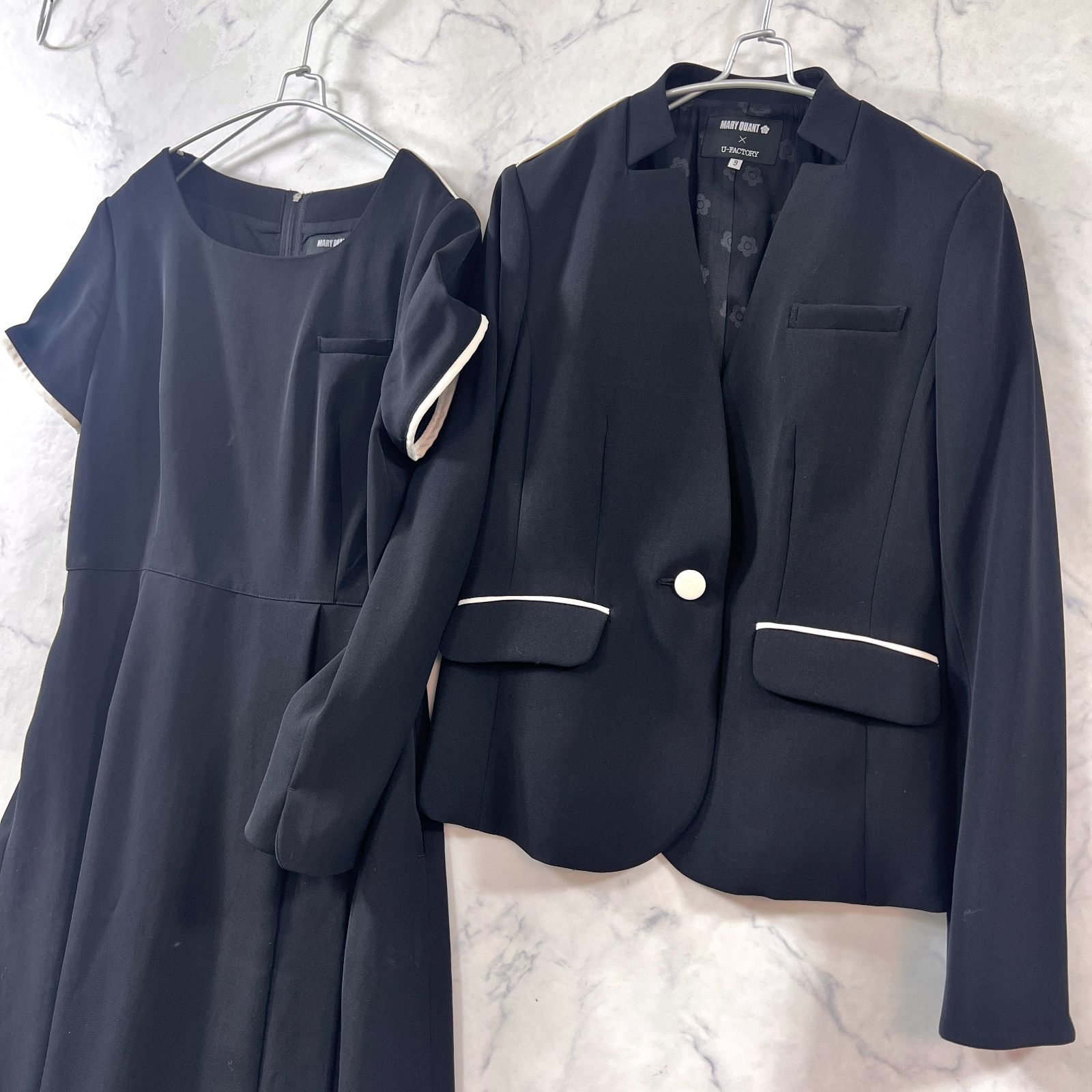 ♥級 マリークワント U-FACTORY セットアップスーツ ジャケット ワンピース ロング 裏地花柄 事務服 販売員 制服 ユーファクトリー 黒 ブラック MARY QUANT レディース B 1788