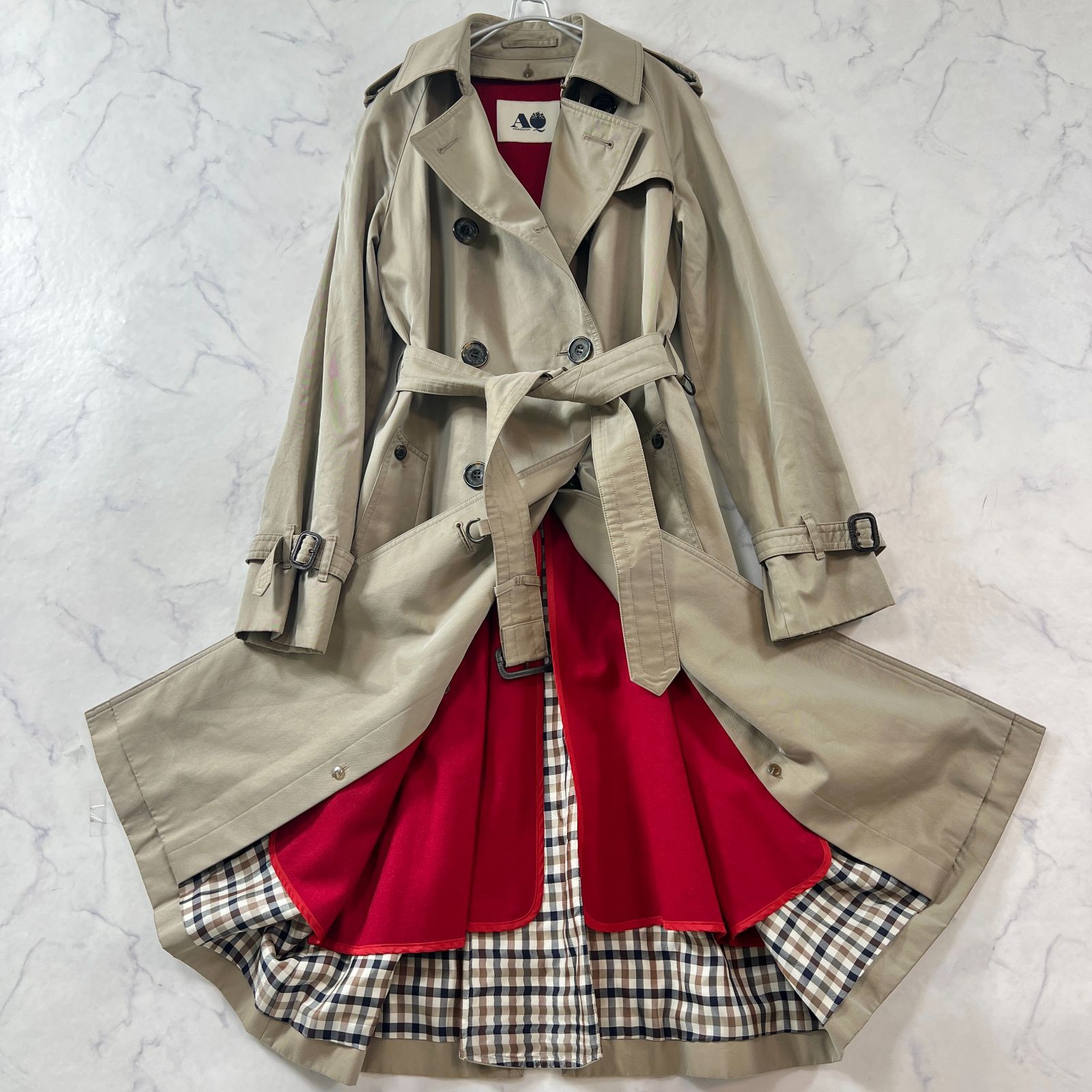 [美品] アクアスキュータム　トレンチコート　ライナー付　ロング　ベルト　レッド 美品】アクアスキュータム トレンチコート ライナー付 ベルト 赤 7F