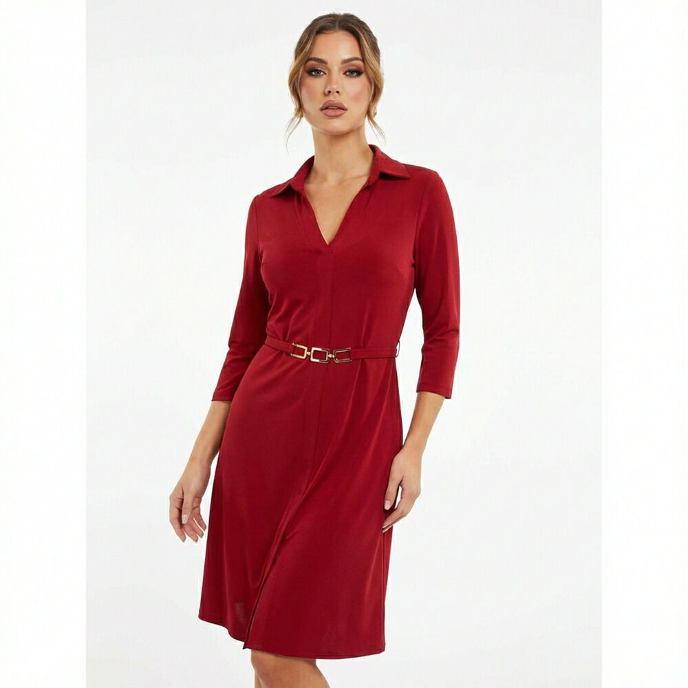 EGERIE エジェリ Vネック 襟付き 7袖 ワンピース 赤 レッド ボルドー ベルト付き 膝丈 ジャージー素材