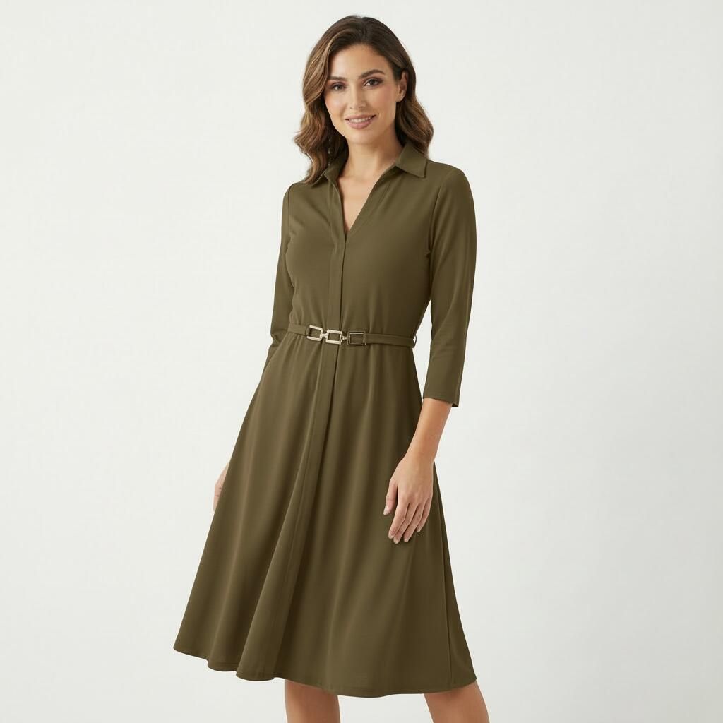 インポート ワンピース EGERIE エジェリ 七分袖 ジャージー素材 ウエストマーク Vネック カーキ