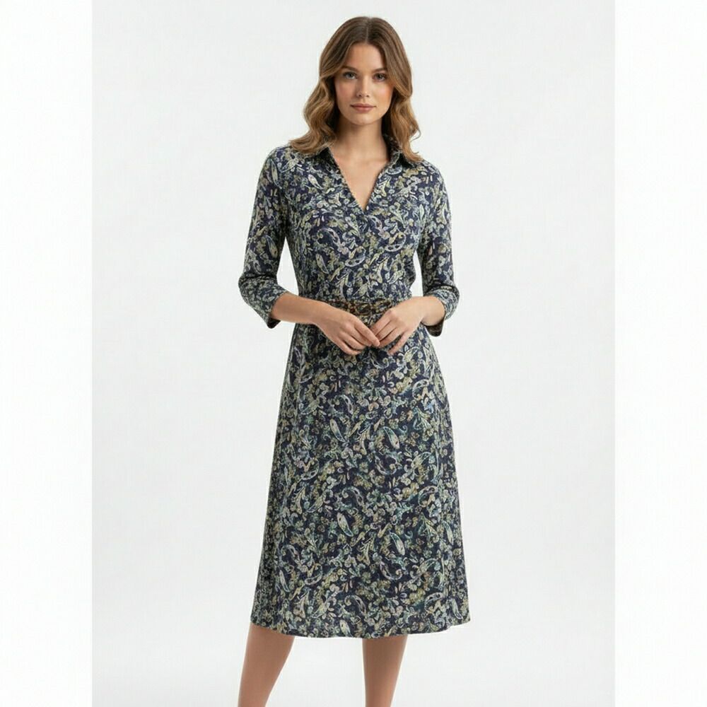 インポート EGERIE 紺 総柄 ジャージー素材 Vネック 七分袖 ワンピース オフィス 通勤 きれいめ