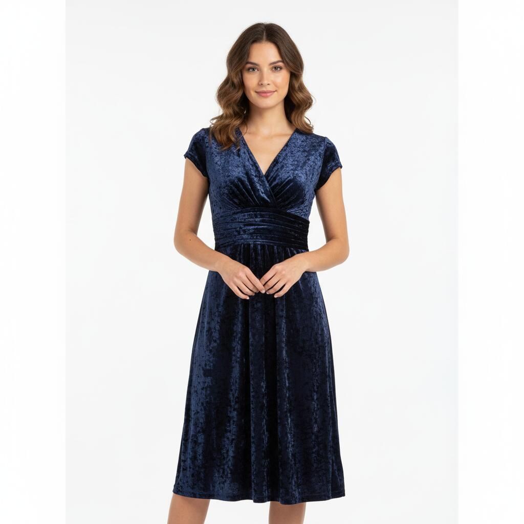 フランス製 EGERIE エジェリ ベロア ワンピース ドレス 七分丈 紺 ネイビー Vネック ウエストシャーリング キャップスリーブ T 1 2 3 秋 冬 結婚式 二次会 パーティー お呼ばれ 発表会 511 Karla