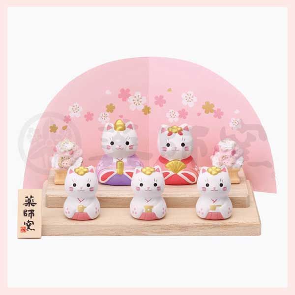 錦彩 ねこ飾り雛（平飾り） ※陶器,置物,ひなまつり,雛祭り,ひな人形
