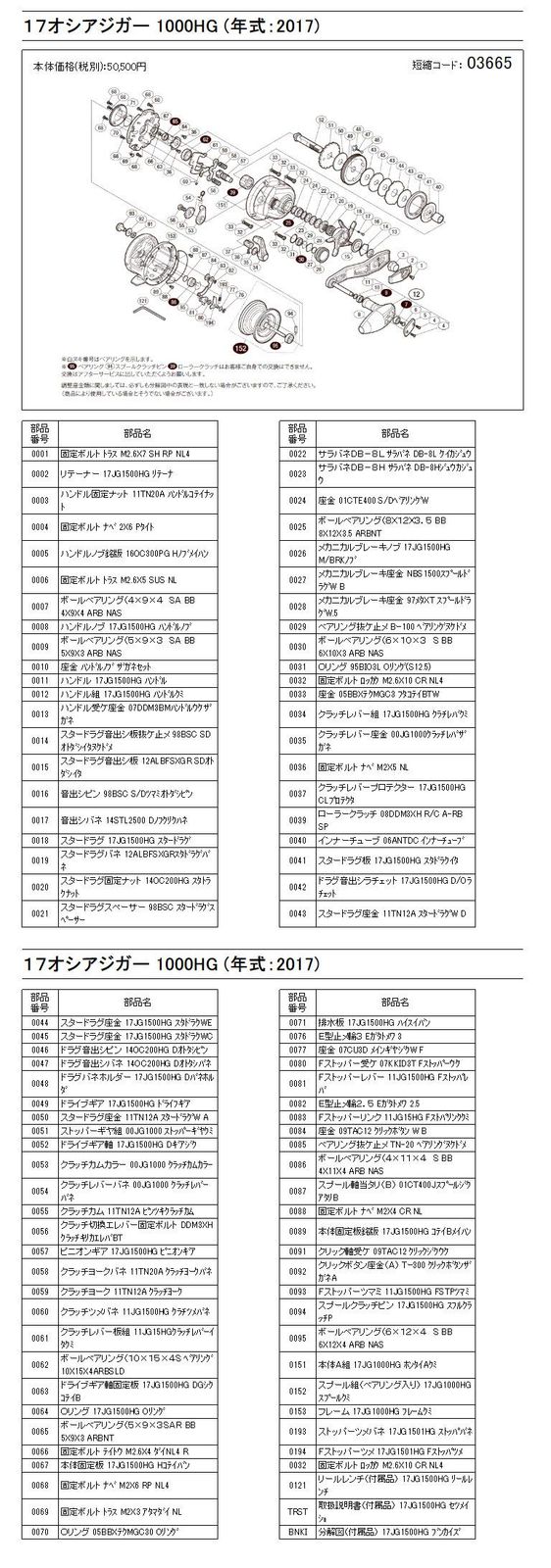 新品 シマノ(SHIMANO) リール 純正パーツ 17 オシアジガー 各種用
