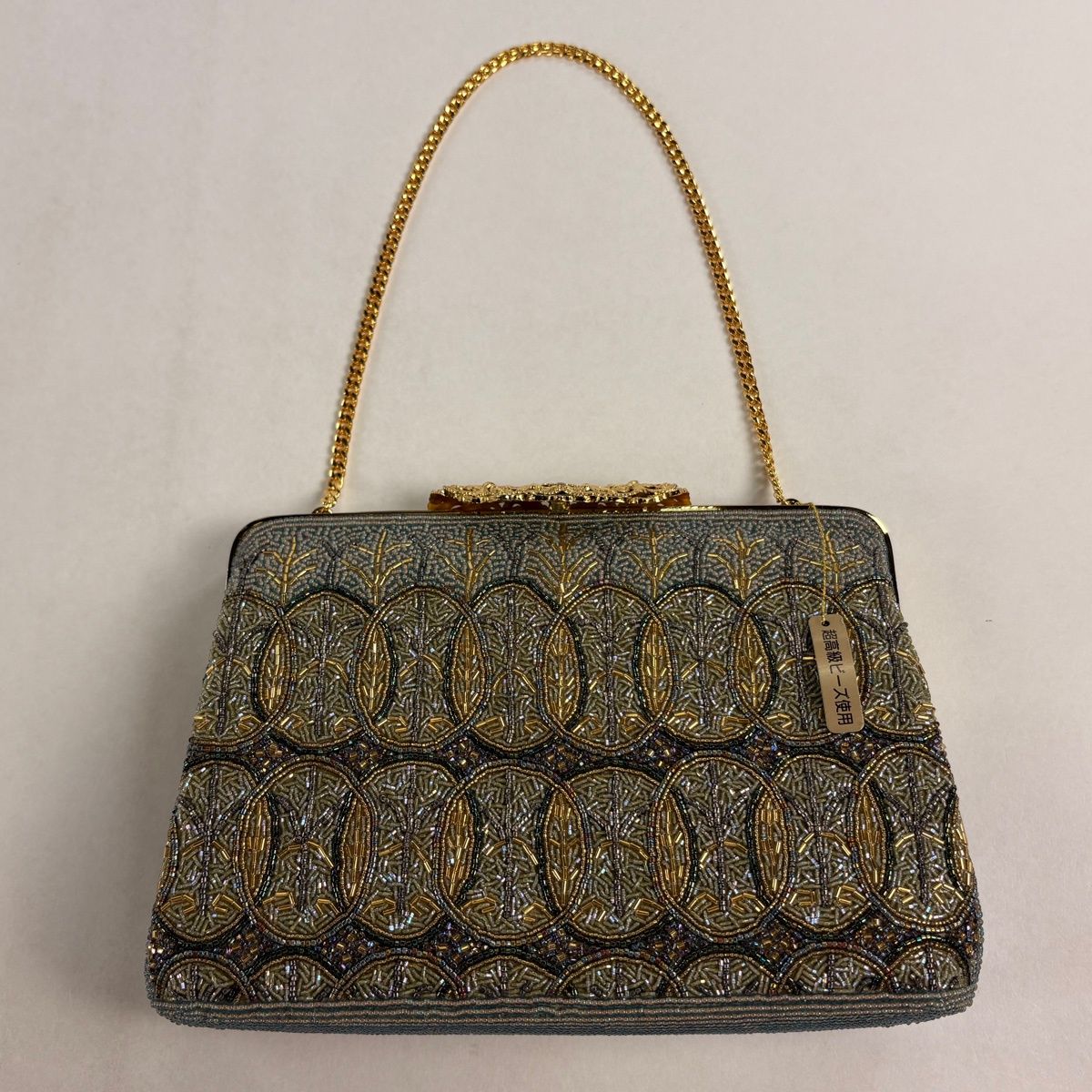 美品】 和装バッグ 優品 ビーズバッグ フォーマル 幾何学 灰緑 ビーズ