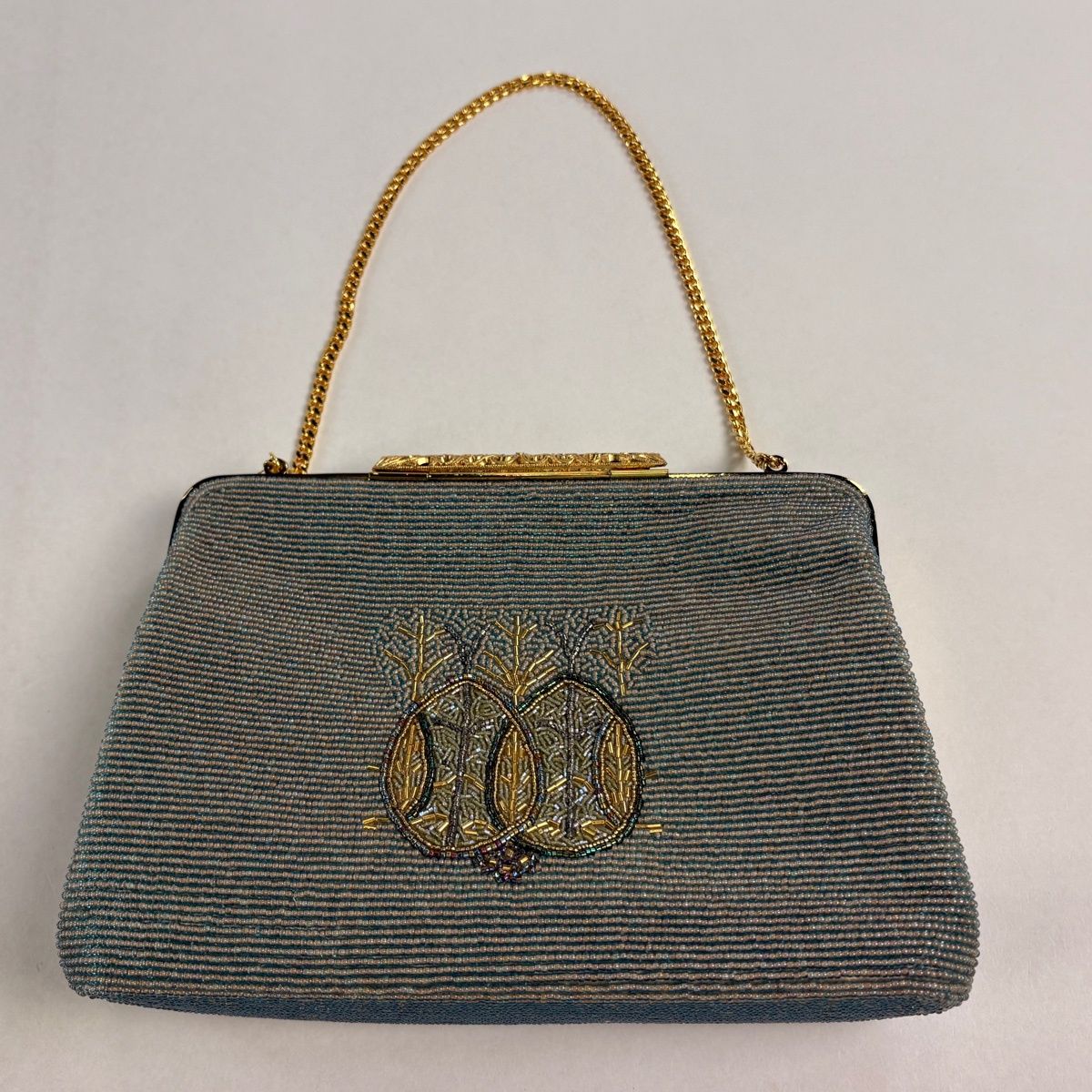 美品】 和装バッグ 優品 ビーズバッグ フォーマル 幾何学 灰緑 ビーズ