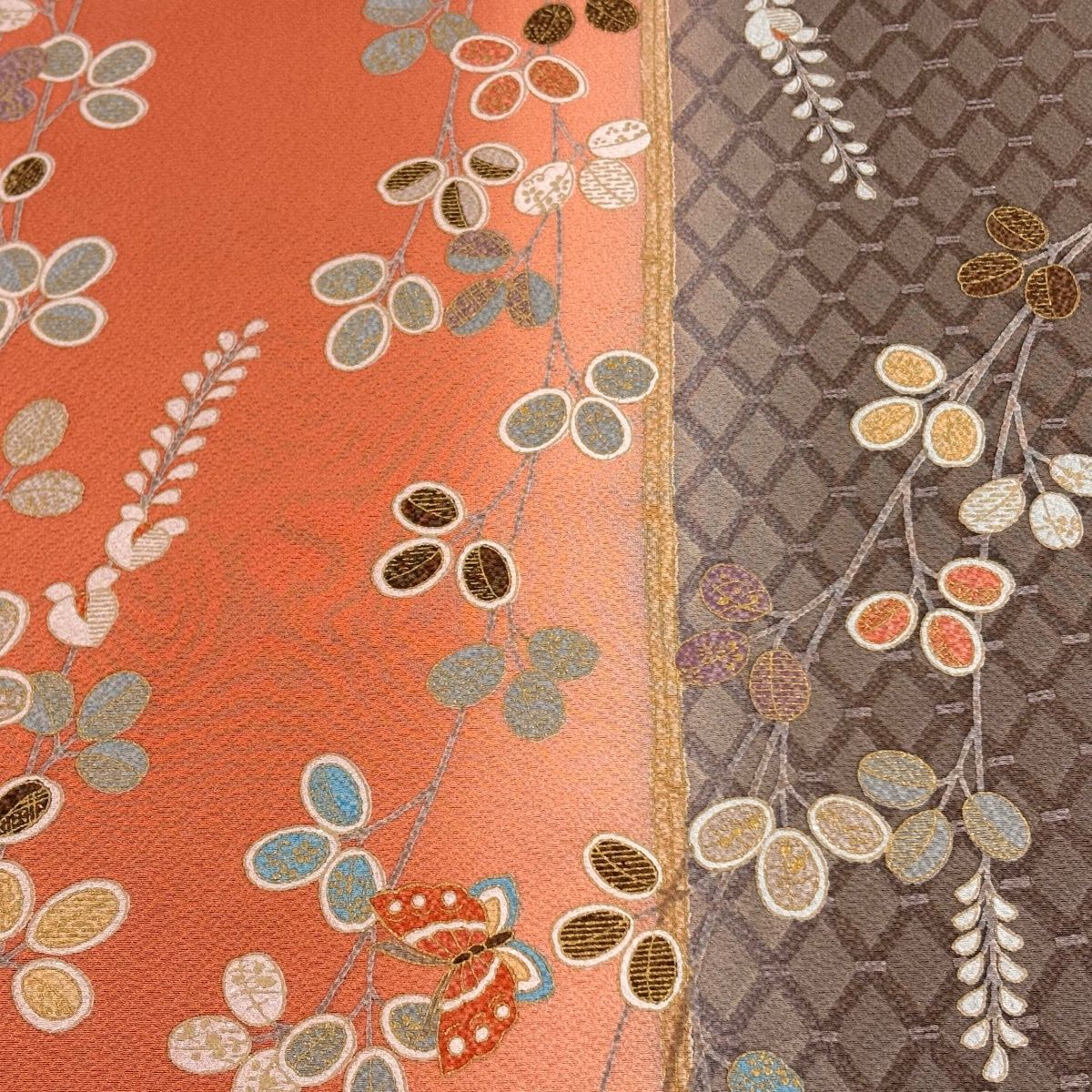 反物 秀品 小紋 萩 蝶 金彩 ぼかし サーモンピンク 正絹