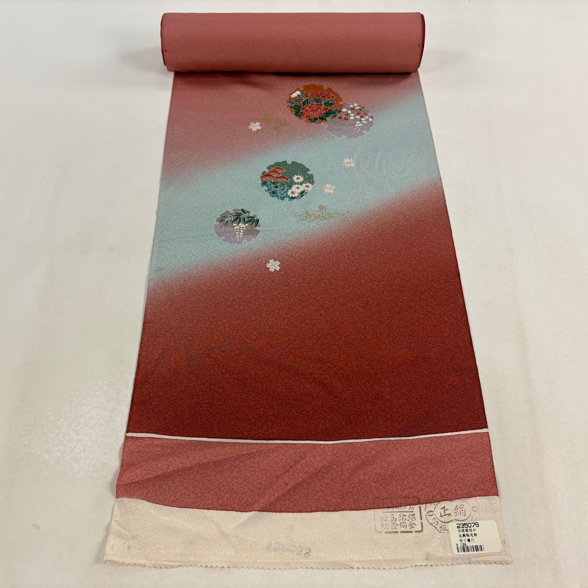 反物 秀品 付下げ 雪輪 草花 金彩 ぼかし 茜色 正絹