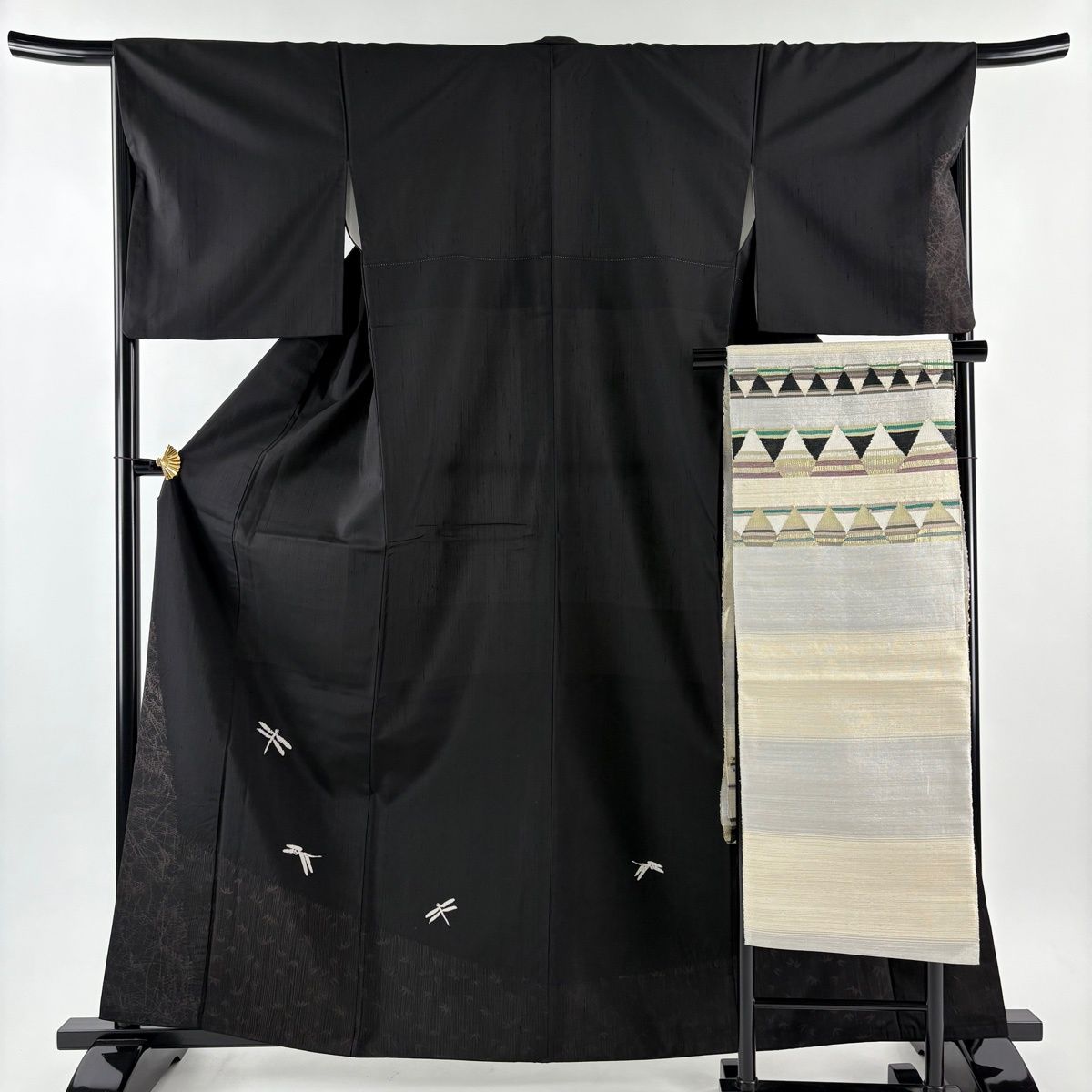 付下げ 身丈163cm 裄丈67cm M 袷 名古屋帯セット 紬地 トンボ 竹 墨色