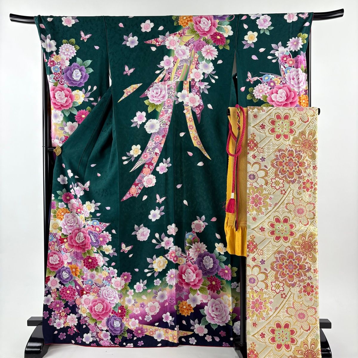 振袖 身丈169 cm 裄丈69.5 L 袷 袋帯フルセット 薔薇 蝶 ラメ ぼかし 深緑 正絹