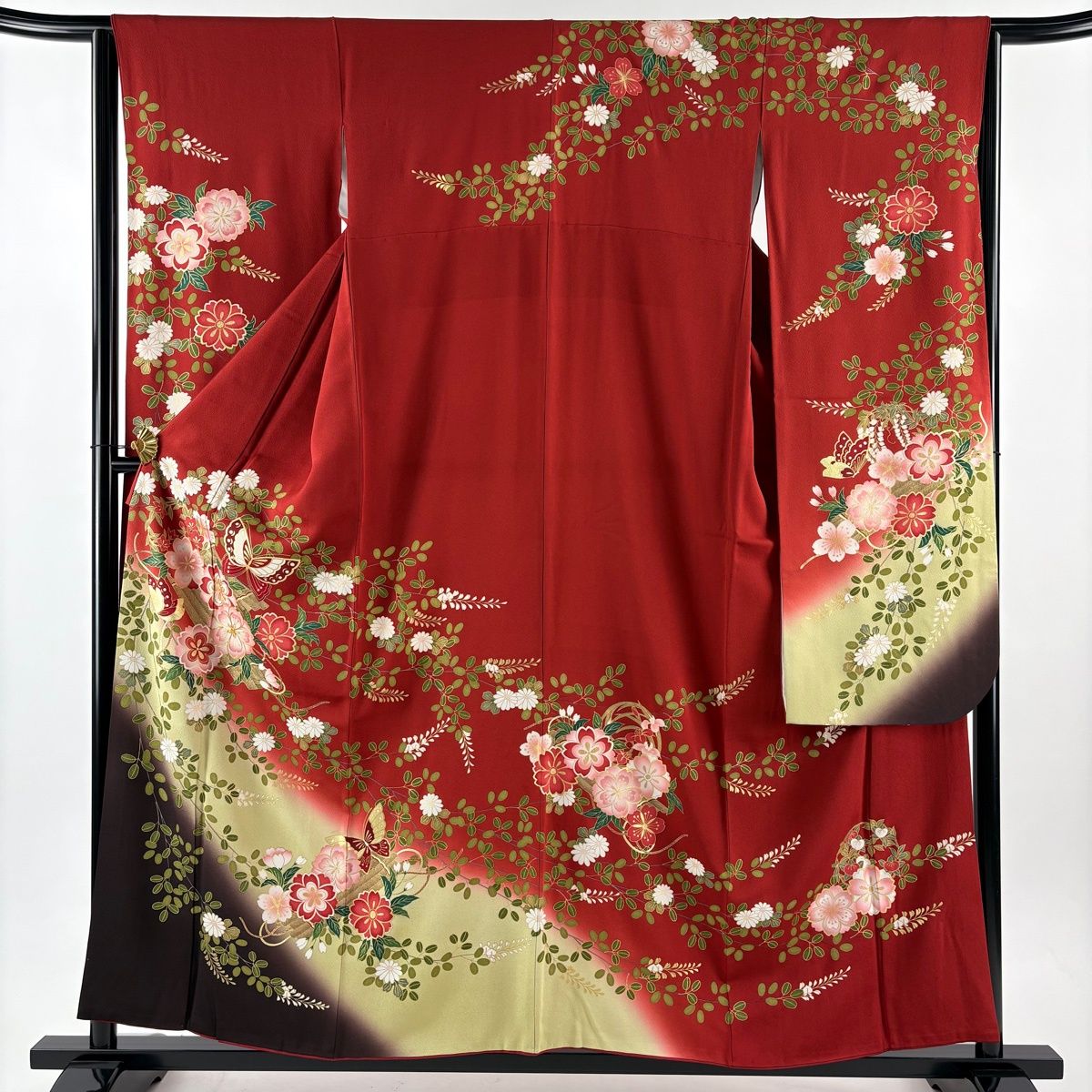  振袖 身丈157 5 cm 裄丈64 M 袷 袋帯フルセット 花筏 蝶 金糸 金彩 赤 正絹 秀品 振袖 着物