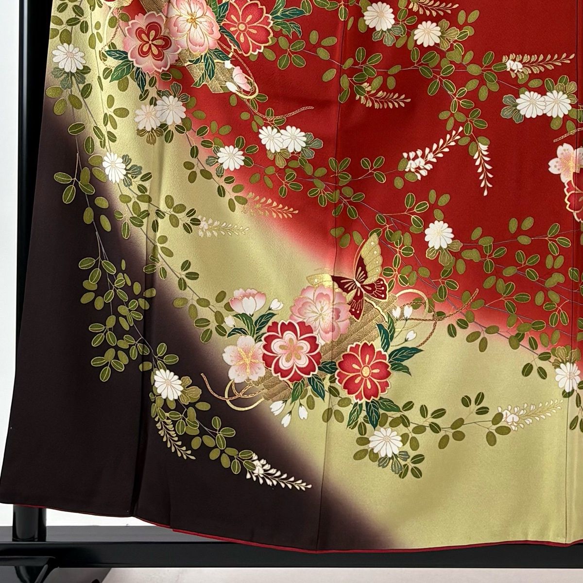 振袖 身丈157.5 cm 裄丈64 M 袷 袋帯フルセット 花筏 蝶 金糸 金彩 赤 正絹 秀品