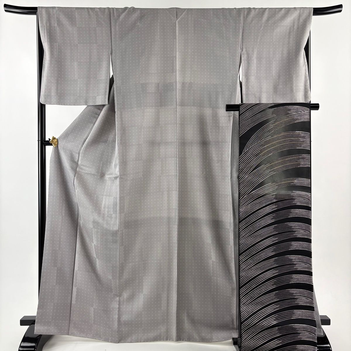 小紋 身丈167 cm 裄丈67 5 L 袷 袋帯セット 地紋 幾何学模様 灰色 正絹 秀品
