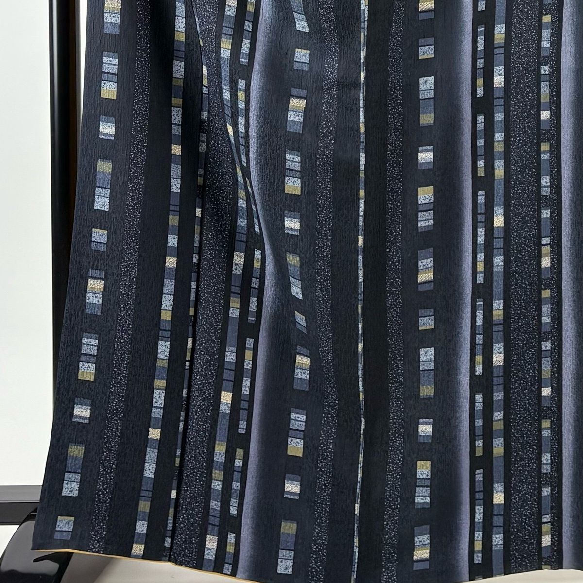 小紋 身丈167 cm 裄丈70 L 袷 名古屋帯セット ほていや 縦縞 幾何学模様 ぼかし 濃紺 正絹 秀品