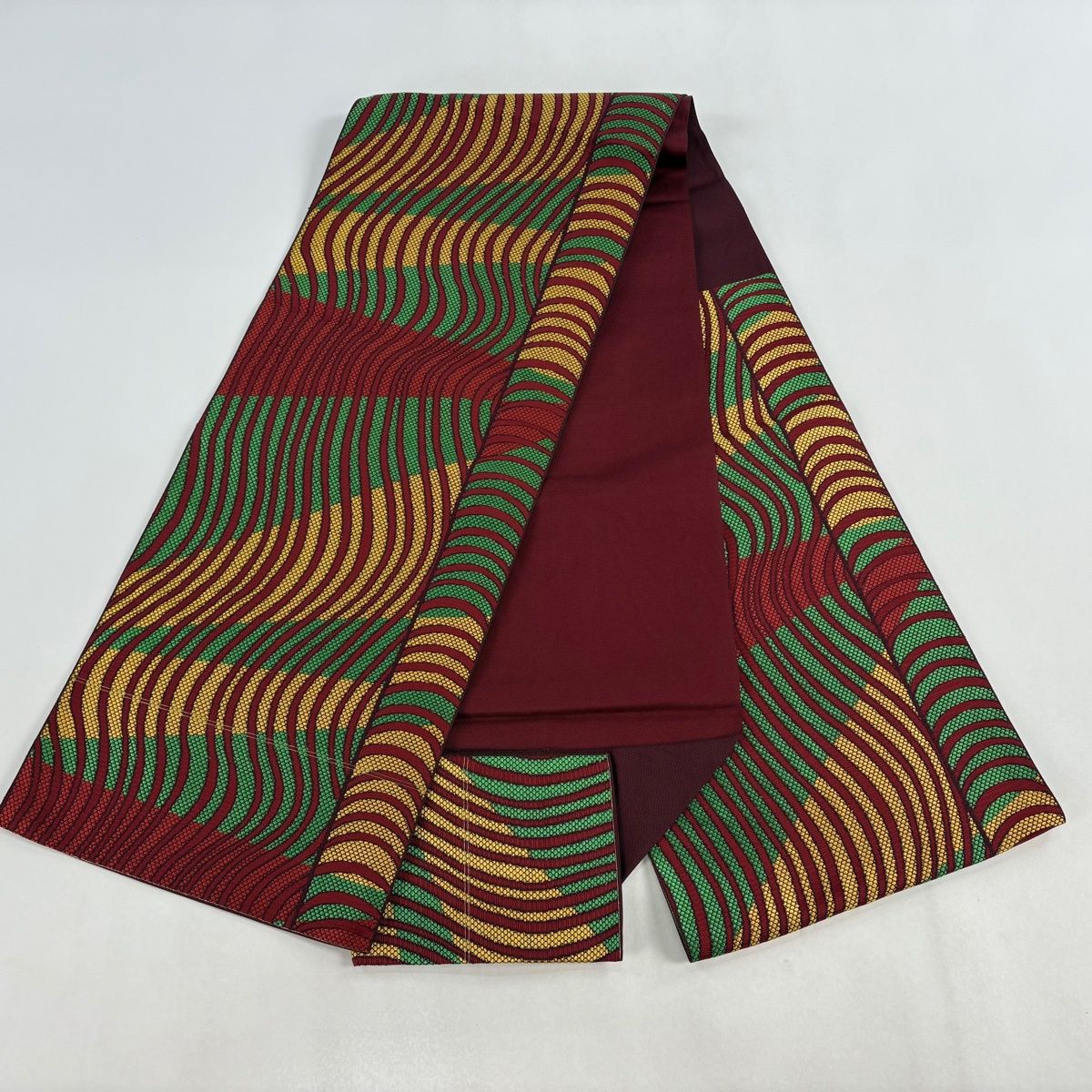 名古屋帯 優品 松葉仕立て 八寸名古屋帯 よろけ縞 幾何学模様 えんじ色