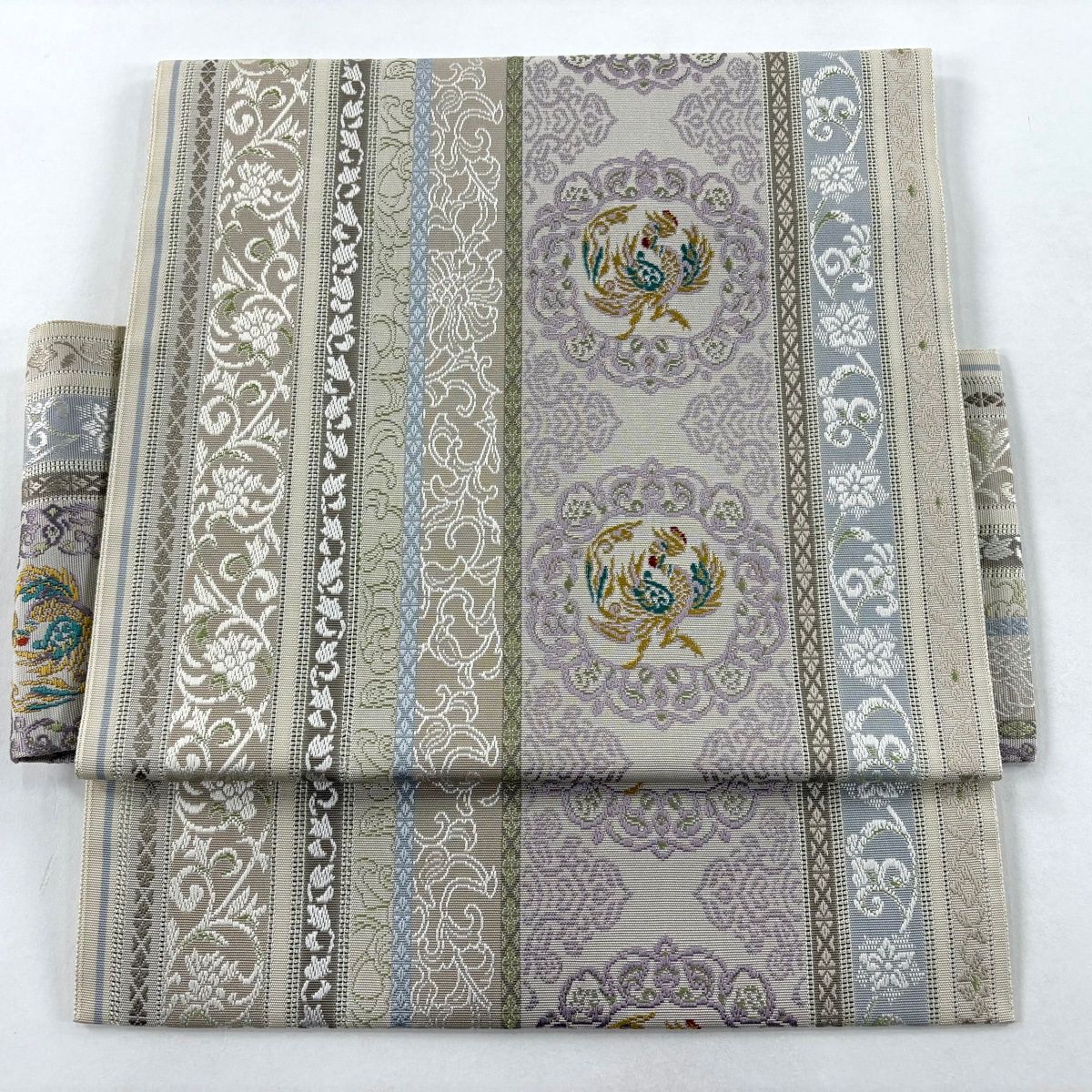 付け帯 作り帯 鳥 花唐草 ベージュ 正絹