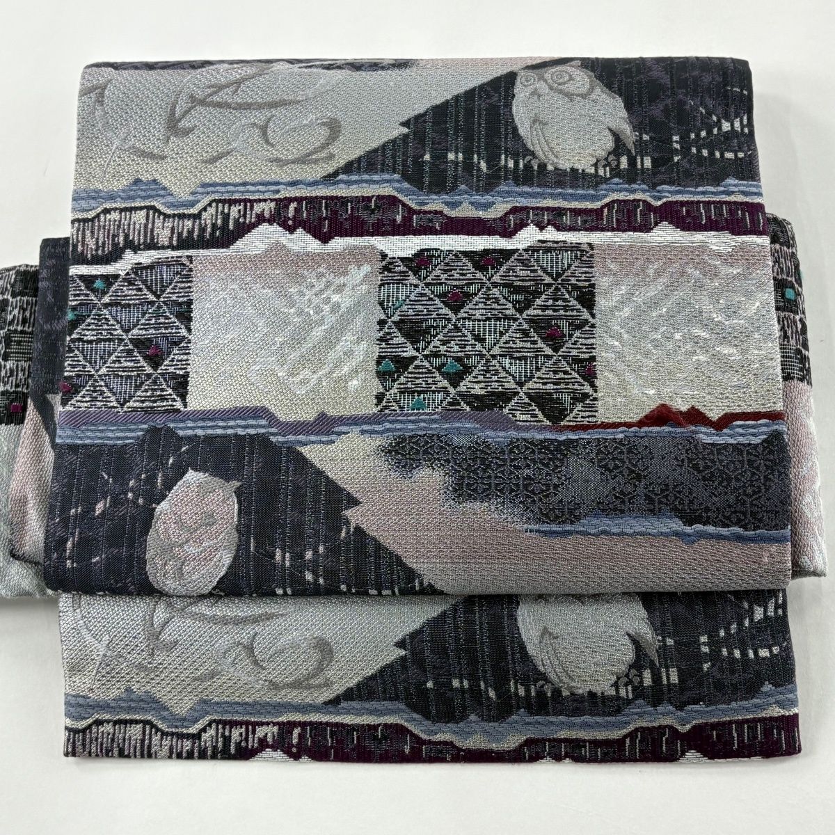 付け帯 名品 作り帯 やまと ふくろう 幾何学模様 灰紫 正絹