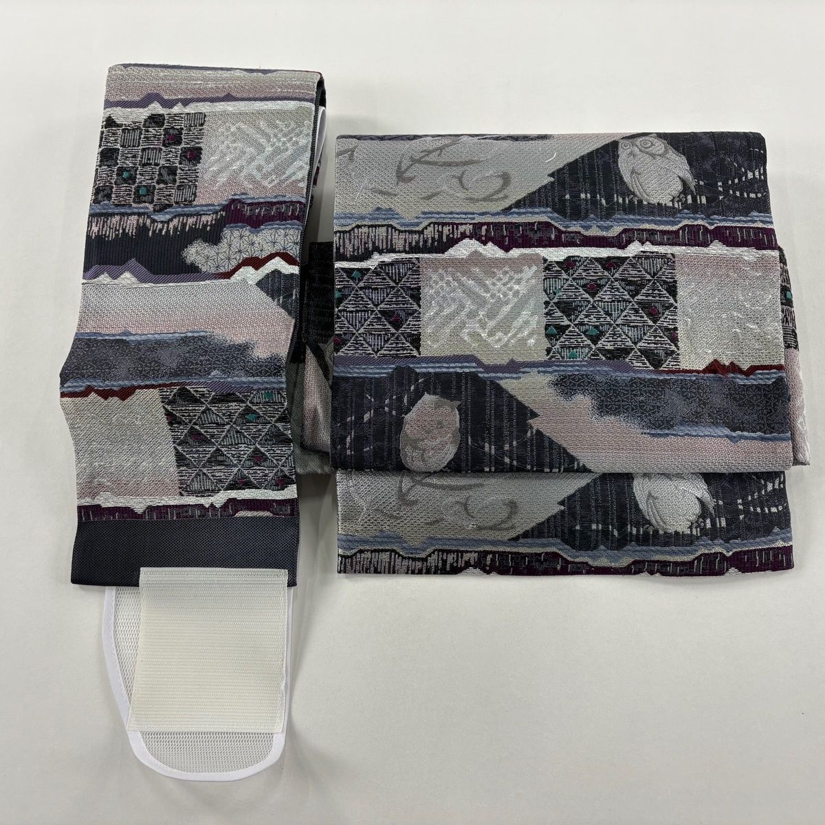  付け帯 名品 作り帯 やまと ふくろう 幾何学模様 灰紫 正絹 付け帯 作り帯 帯