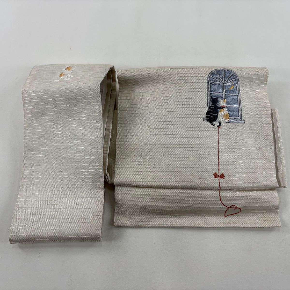  付け帯 作り帯 猫 窓 刺繍 クリーム 正絹 付け帯 作り帯 帯