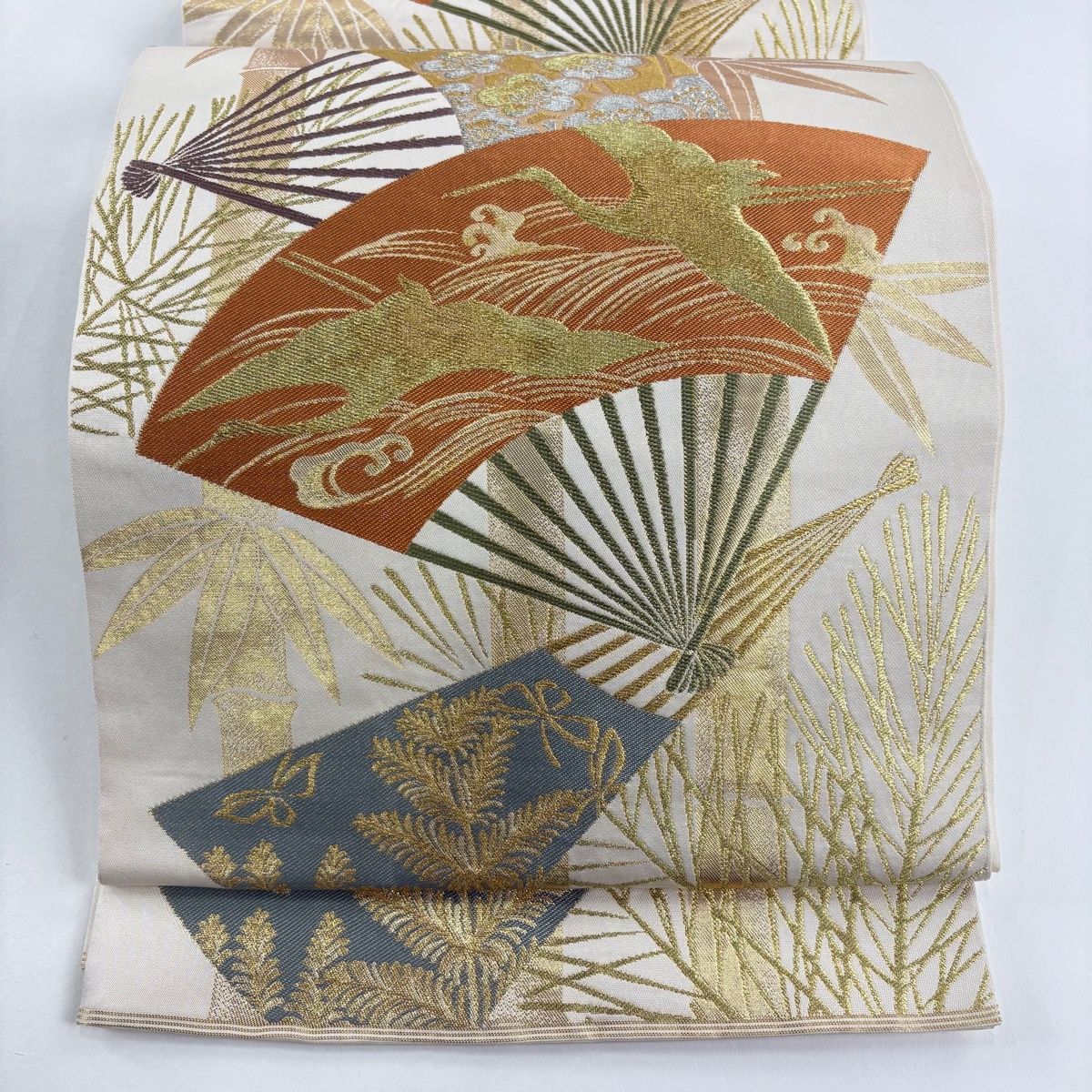 美品】 袋帯 名品 川島織物 落款 関西仕立て 扇 松竹梅 金銀糸 箔