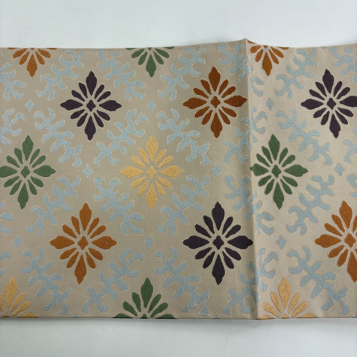 開き名古屋帯 名品 人間国宝 喜多川平朗 落款 花菱 幾何学模様 ピンク