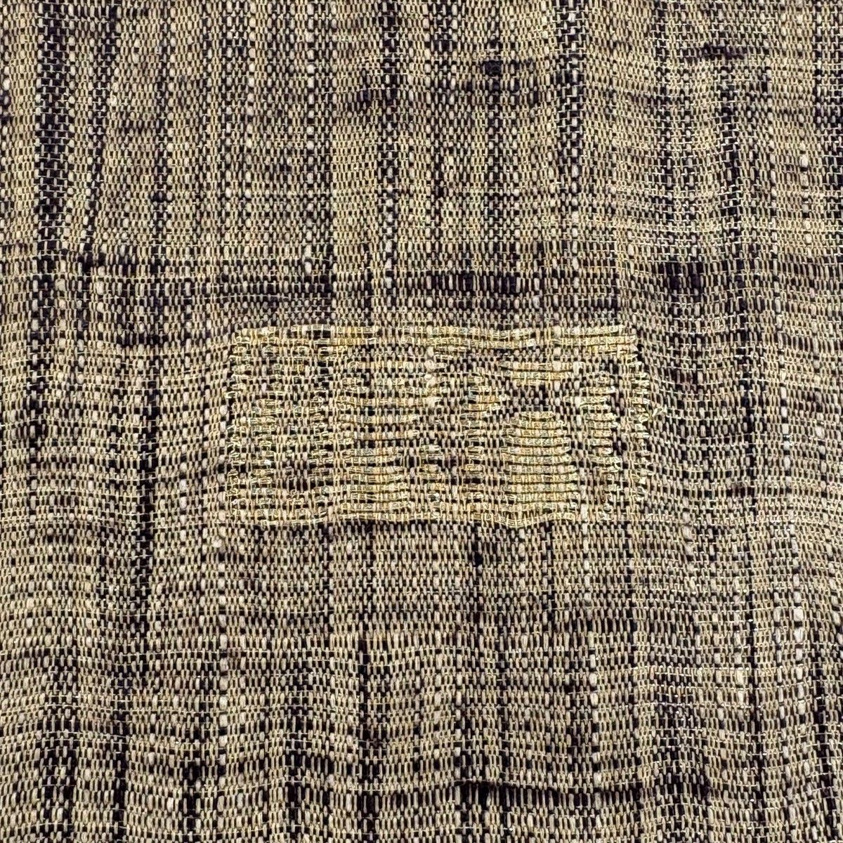 袋帯 名品 渡文 落款 幾何学模様 金糸 茶緑色 お太鼓柄 正絹 【中古