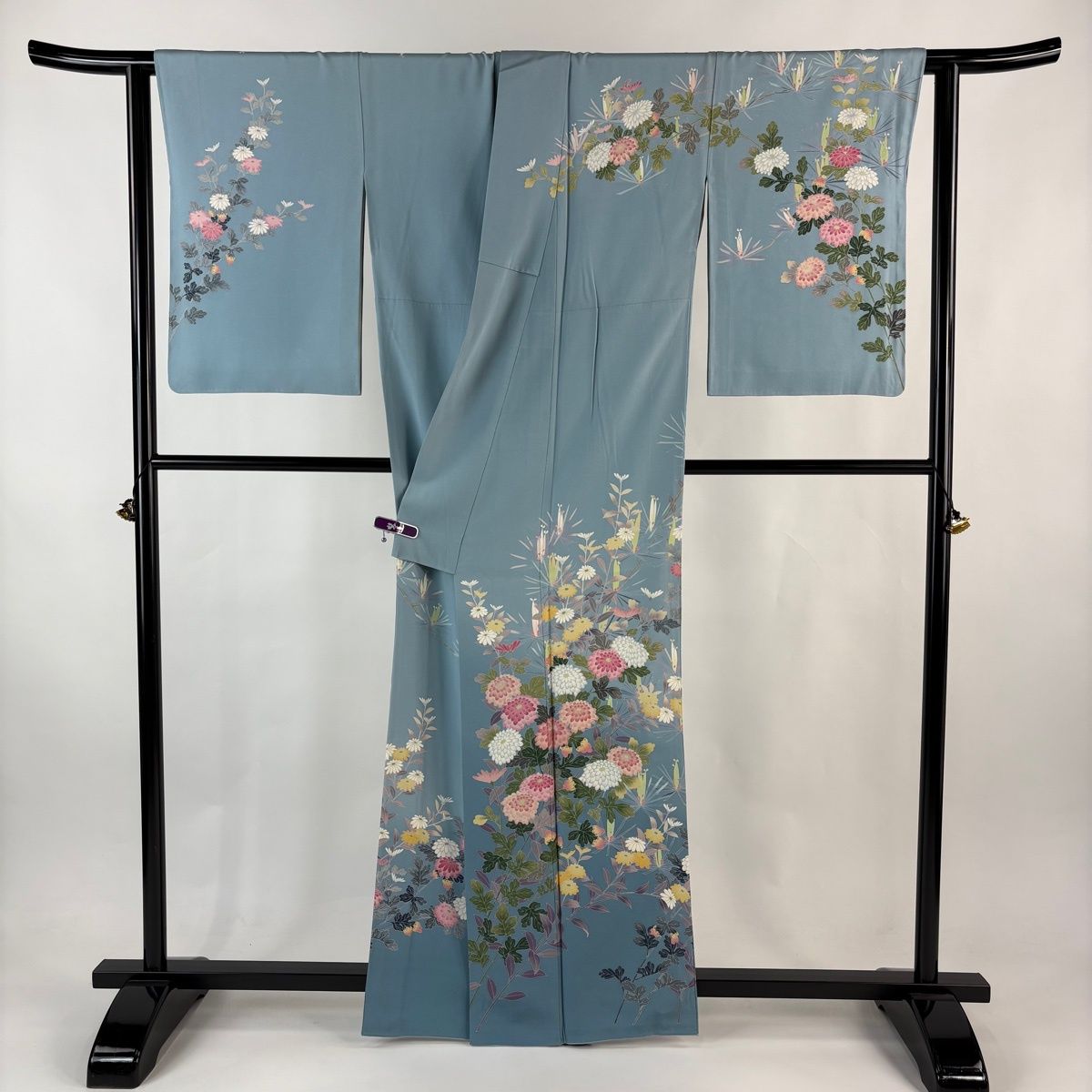 訪問着 身丈163.5cm 裄丈64cm M 袷 落款 菊 若松 ぼかし 水色 正絹