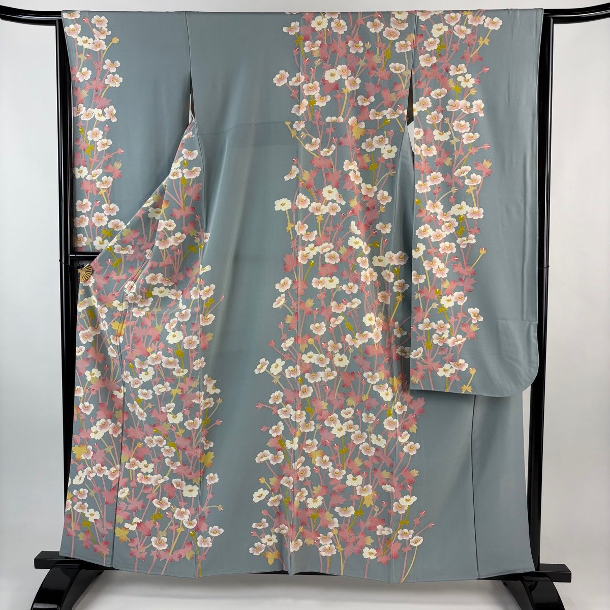 振袖 身丈161cm 裄丈64cm M 袷 加賀友禅 松井真夫 落款 草花 青灰色