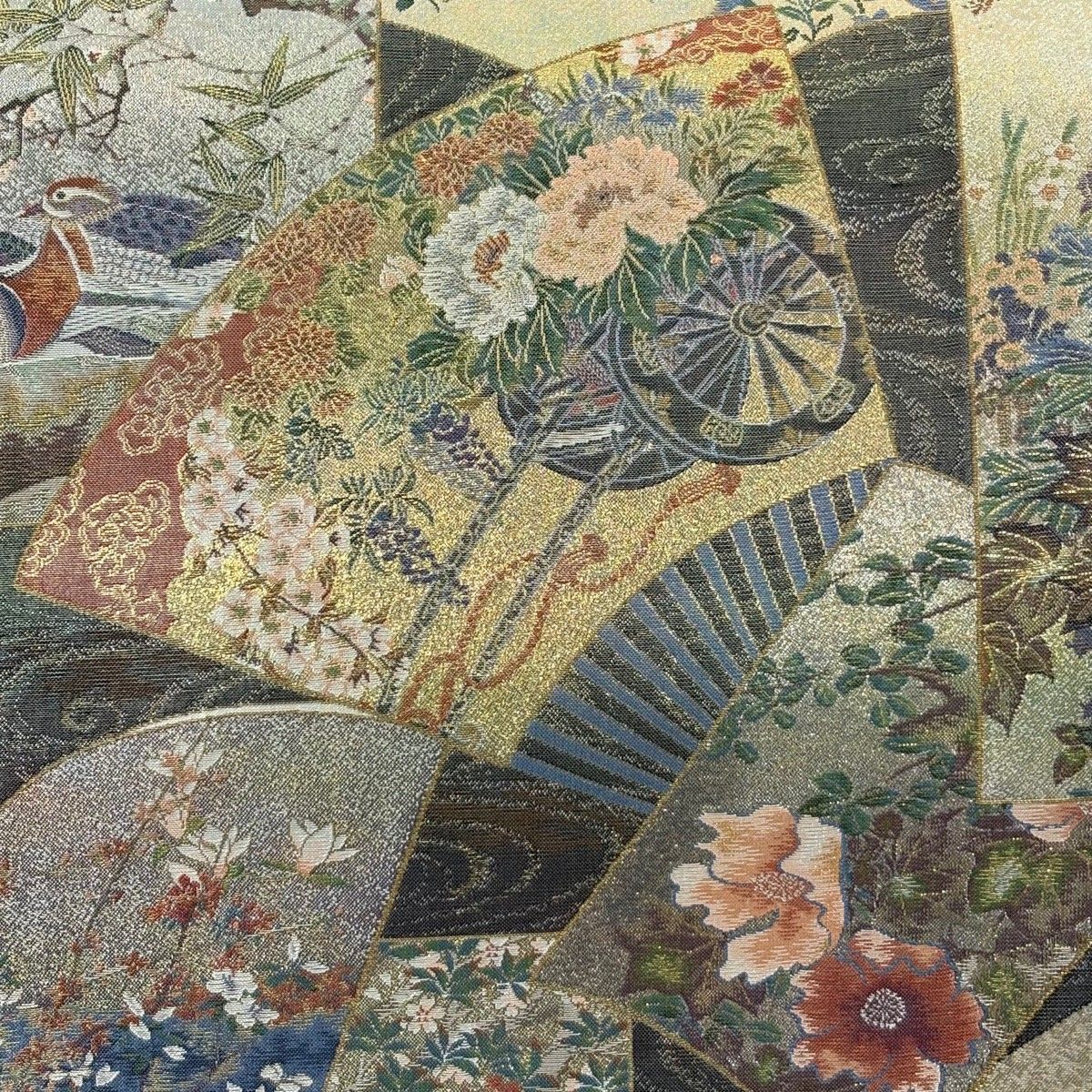 丸帯 プラチナ本金箔壱阡八百口織 日本絵画全集 灰緑 お太鼓柄 正絹