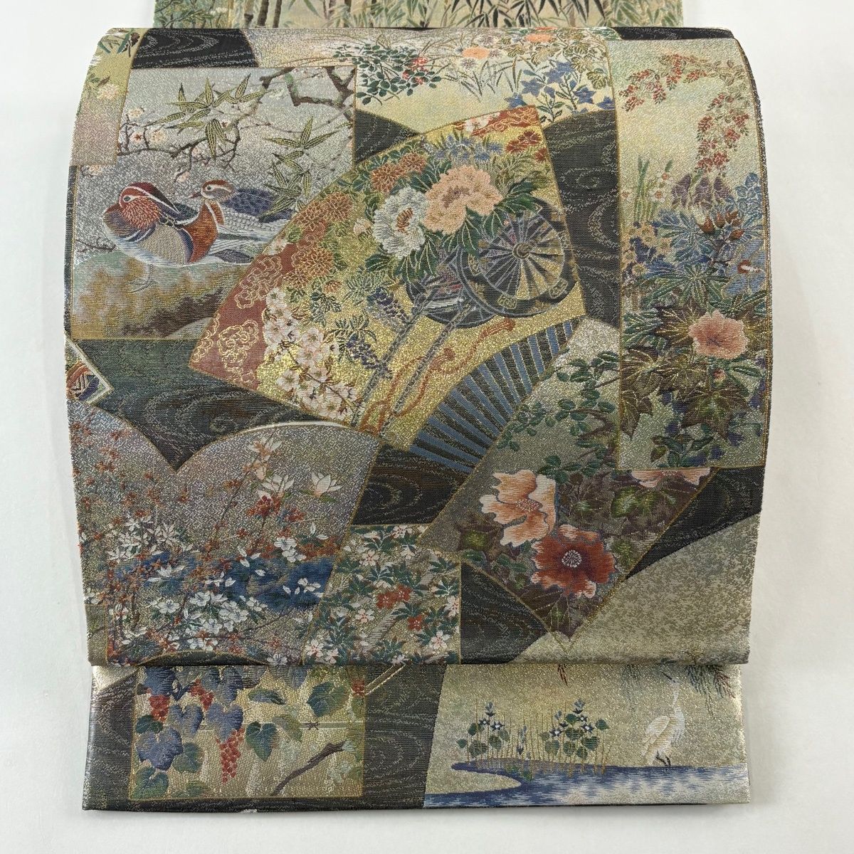 丸帯 プラチナ本金箔壱阡八百口織 日本絵画全集 灰緑 お太鼓柄 正絹