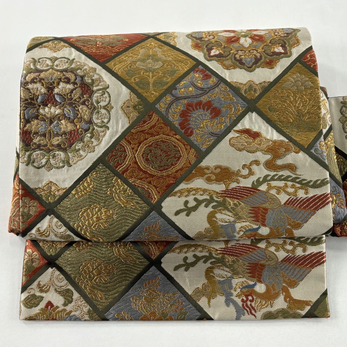 付け帯 秀品 華文 鳥 刺繍 金糸 薄茶色 正絹