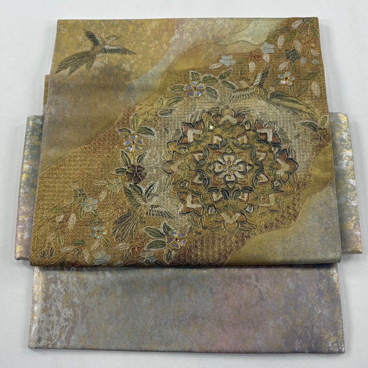 付け帯 秀品 作り帯 華文 花鳥 螺鈿 金銀彩 金色 正絹