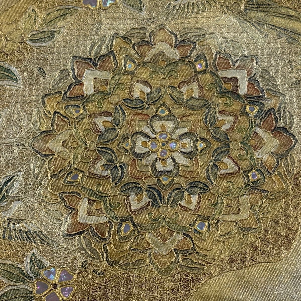 付け帯 秀品 作り帯 華文 花鳥 螺鈿 金銀彩 金色 正絹