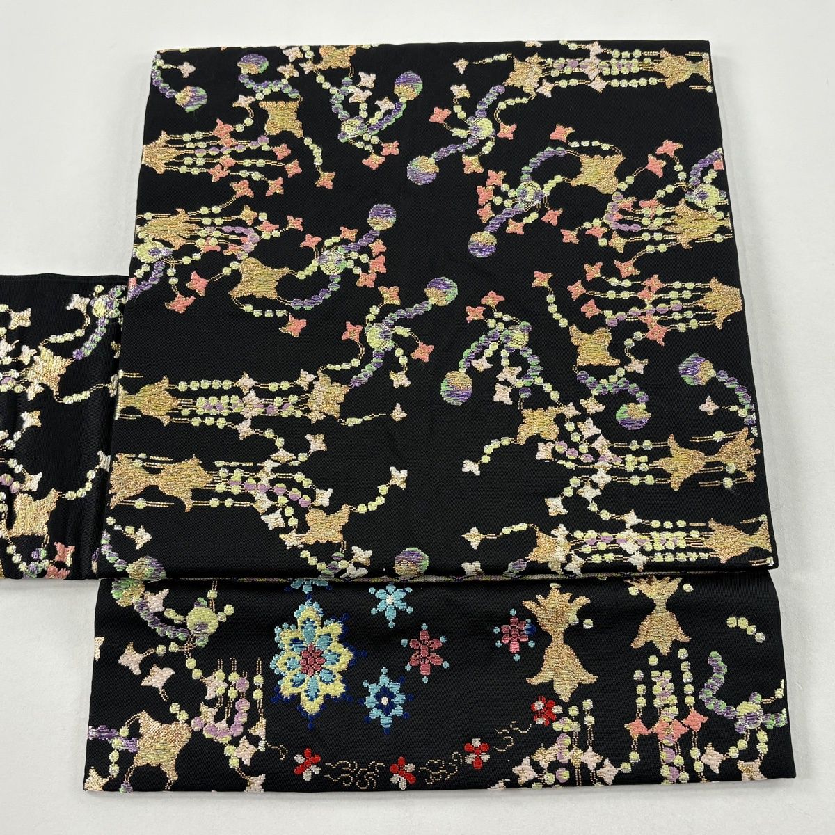 付け帯 秀品 龍村平蔵 落款 作り帯 華文 飾り 箔 黒 正絹