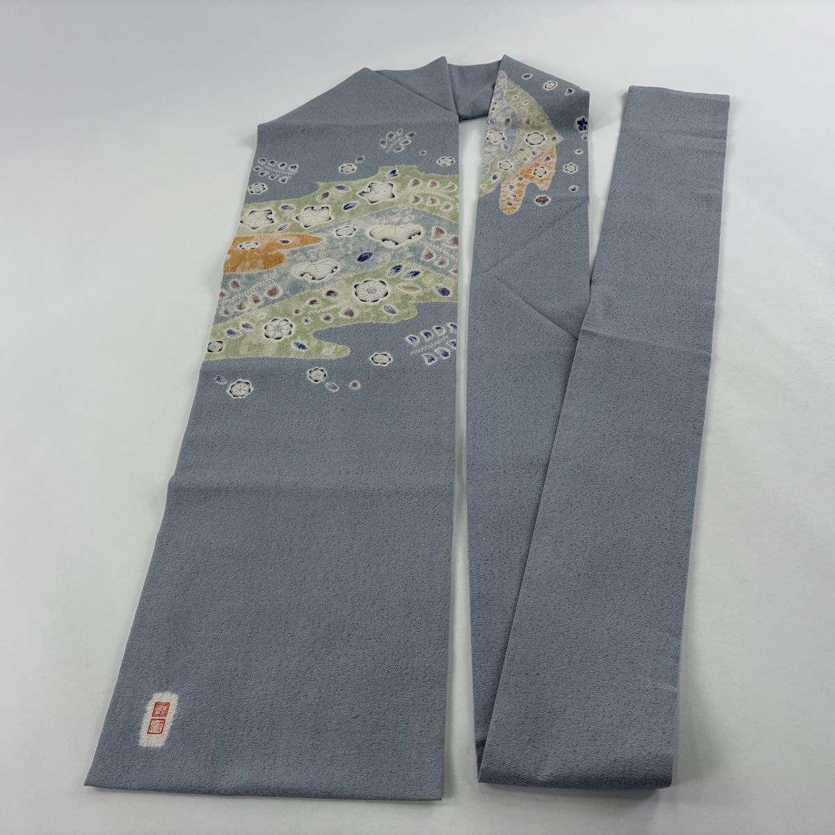 美品】 名古屋帯 秀品 落款 草花 霞 ぼかし 青灰色 正絹 【中古
